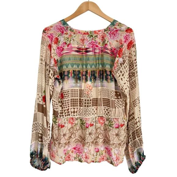 Johnny Was Fawn Beige Button Up Mixed Floral Boho Peasant Blouse Size M Tunic - Picture 4 of 13